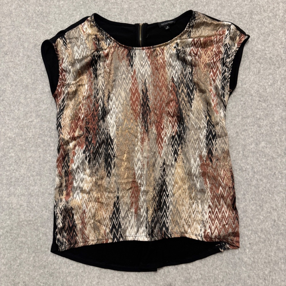 Y2K Notations Womens Zigzag Print Mixed‎ Media Cap Sleeve Top Black Gold M